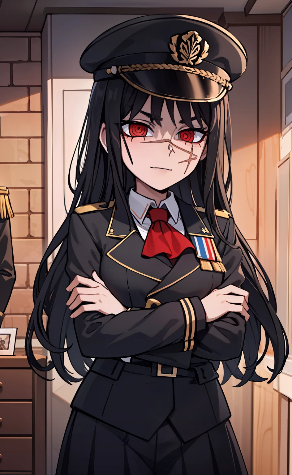 (masterpiece, best quality: 1.2), Solo, 1girl, Yoru \(Chainsaw Man\), looking at the viewer, different poses, red eye, long hair, completely black hair, reference to clothing of a German WWII general, black long sleeves (best quality), scar on face, beautiful eyes, has only 2 arms, has war medals on his clothes,  Black Military Cap, Golden Eagle Medal on Clothing, (Wallpaper), (8K HD), (8K HD), Golden Shoulder Pads, Sprites, 1 Single Design (obra maestra, mejor calidad: 1.2), Solo, 1girl, Yoru \(Chainsaw Man\), mirando al espectador, sonrisa, feliz, diferentes poses, ojo rojos, cabello largo, cabello completamente negro, reference to clothing of a German general from World War II, mangas largas negras (mejor calidad), cicatriz en la cara, hermosos ojos, tiene solo 2 brazos, manos bien hechas, tiene medallas de guerra en su ropa, Gorra militar negra, Golden Eagle Medal in Dress, (fondo de pantalla), (8K HD), (8K HD), hombreras doradas, sprites, 1 single design