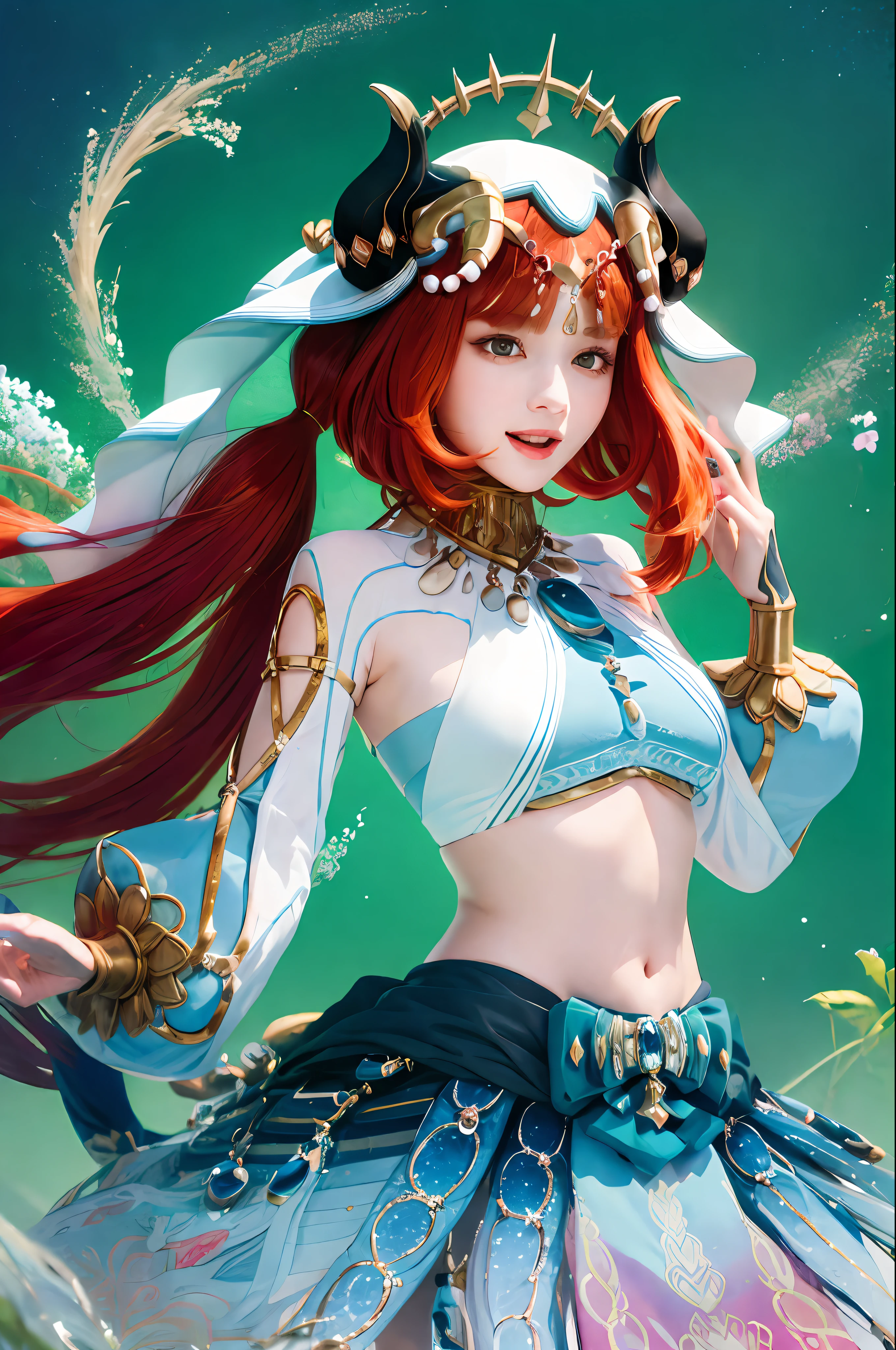 (Realistic painting style:1.1)、​masterpiece、top-quality、absurderes、nilou(Neither flowers nor mist)(GenshinImpact)、aqua eyes、nilou(GenshinImpact)、fake horns、1girl in、solo、huge tit、red hairs、veils、a smile、a moon、length hair、croptop、jewely、banya、natta、bracers、brooches、long-sleeve、puffy long sleeves、looking at the viewers、skirt by the、bangss、Twin-tailed、water、puffy sleeves、Skysky、neck rings、open open mouth、 :d, fullmoon, nigh sky, florals, harem outfit, gold trim, partedbangs, Raise your arms, breastsout, circlet, Plein Air, a blue skirt, hair adornments, Independent sleeves, low twintails, Floating hair, gem stones, flower in hair, blue gemstone, hand up, dancers, White cap, tiny chest, stomach, Midriff, cowboy  shot, blue bow, Very long hair