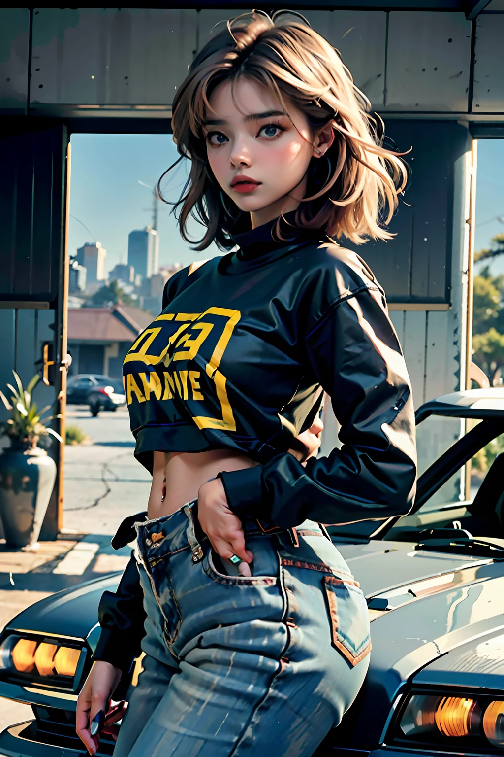 Chloë Grace Moretz as a teenager, big blue eyes, full mouth, perfectbody, breasts big, big-ass, thick-thighs, Long, wavy hair, ssmile, posters, next to a sports car, countach, wearing short denim shorts and a band t-shirt, black leather jacket, realisitic, Northern California city, highy detailed, clear, clear lighting