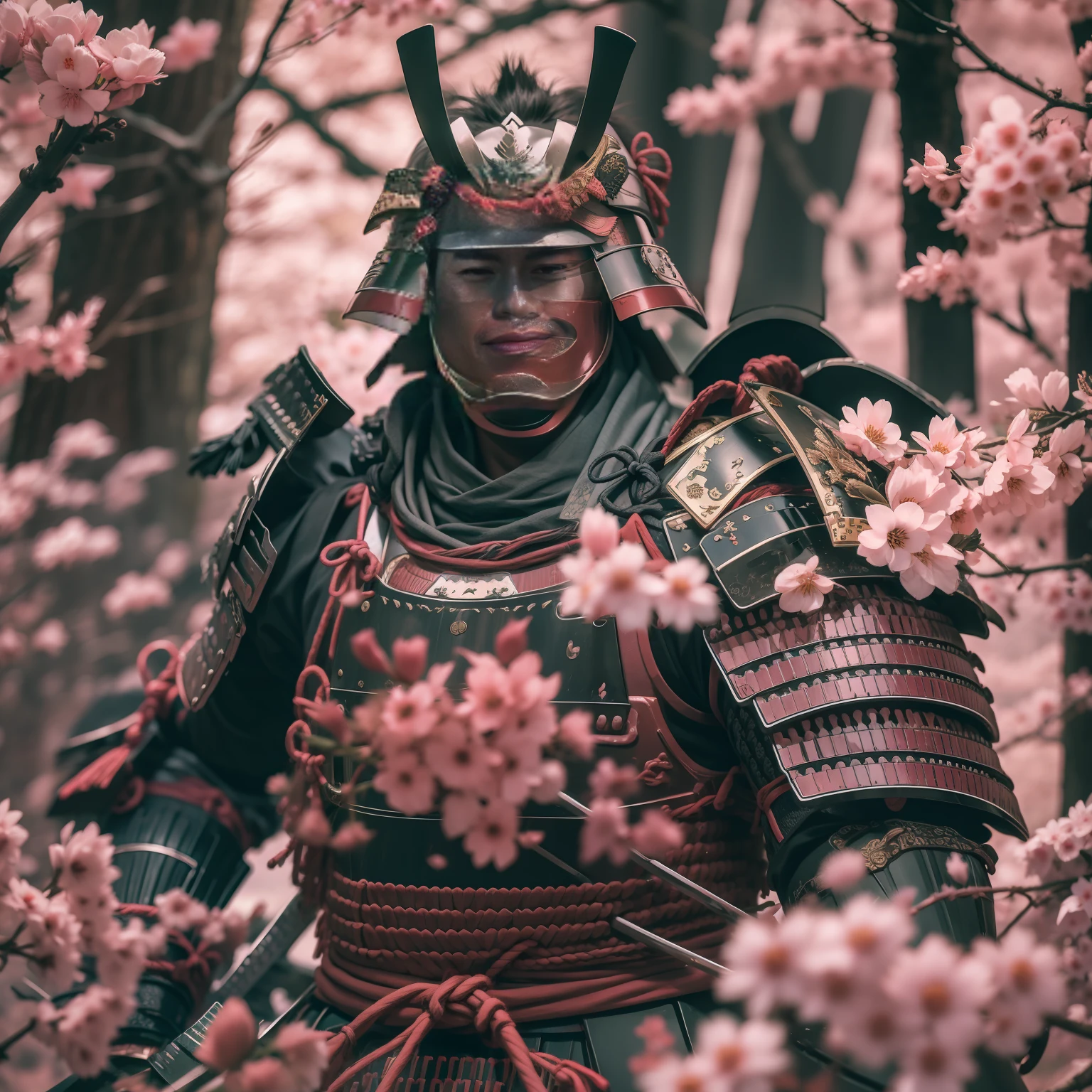 самурай в доспехах, стоять в лесу сакуры