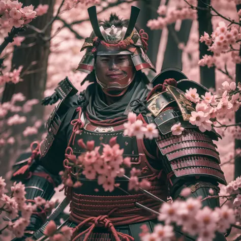samurai with armor, stand in sakura forest