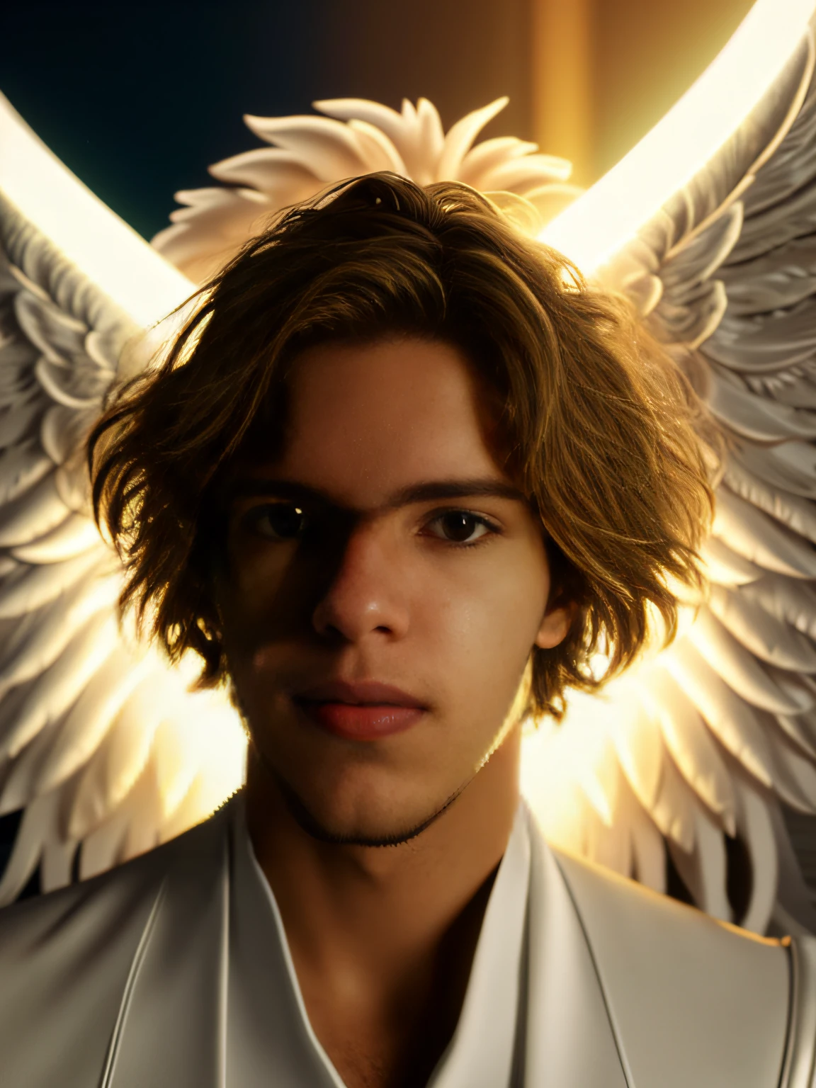 looking into camera, best quality, masterpiece, upper body, bright highlights, (extremely detailed CG unity 8k wallpaper), handsome young man, angelic wings, halo, (male, man), messy hair, short hair, serious, dramatic pose, cinematic lighting, photorealistic, dynamic pose, sharp-focus, 80s fantasy art, (photorealistic:1.4), (masterpiece, finely detailed beautiful eyes: 1.2), masterpiece*portrait, realistic, 3d face, glowing eyes, blonde hair, 1920s plunging neckline dress