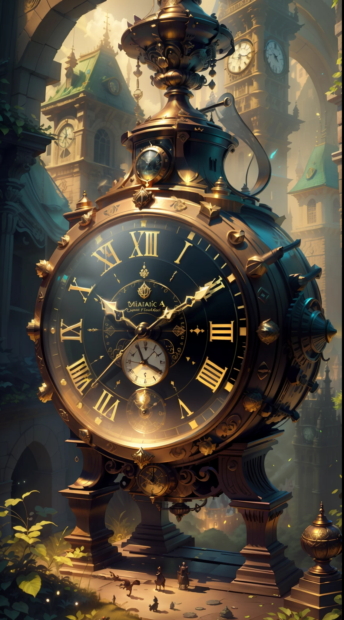 Photo of a large hand holding an antique gold watch, A mini city under the clock, magia-fantasia-florta, Arte Digital, most amazing art in the world, ((Sem humanos)), light volumetric, cores suaves equilibradas, Florta Scenery, videiras, UHD, render de octanas 8k, Magia, Awesome, Ethereal, intrincado, design intrincado, Ultra sharp, Sombras, cores mais frias, trend in CGSociety, ((melhor qualidade)), ((obra-prima)), (detalhado), antique clock