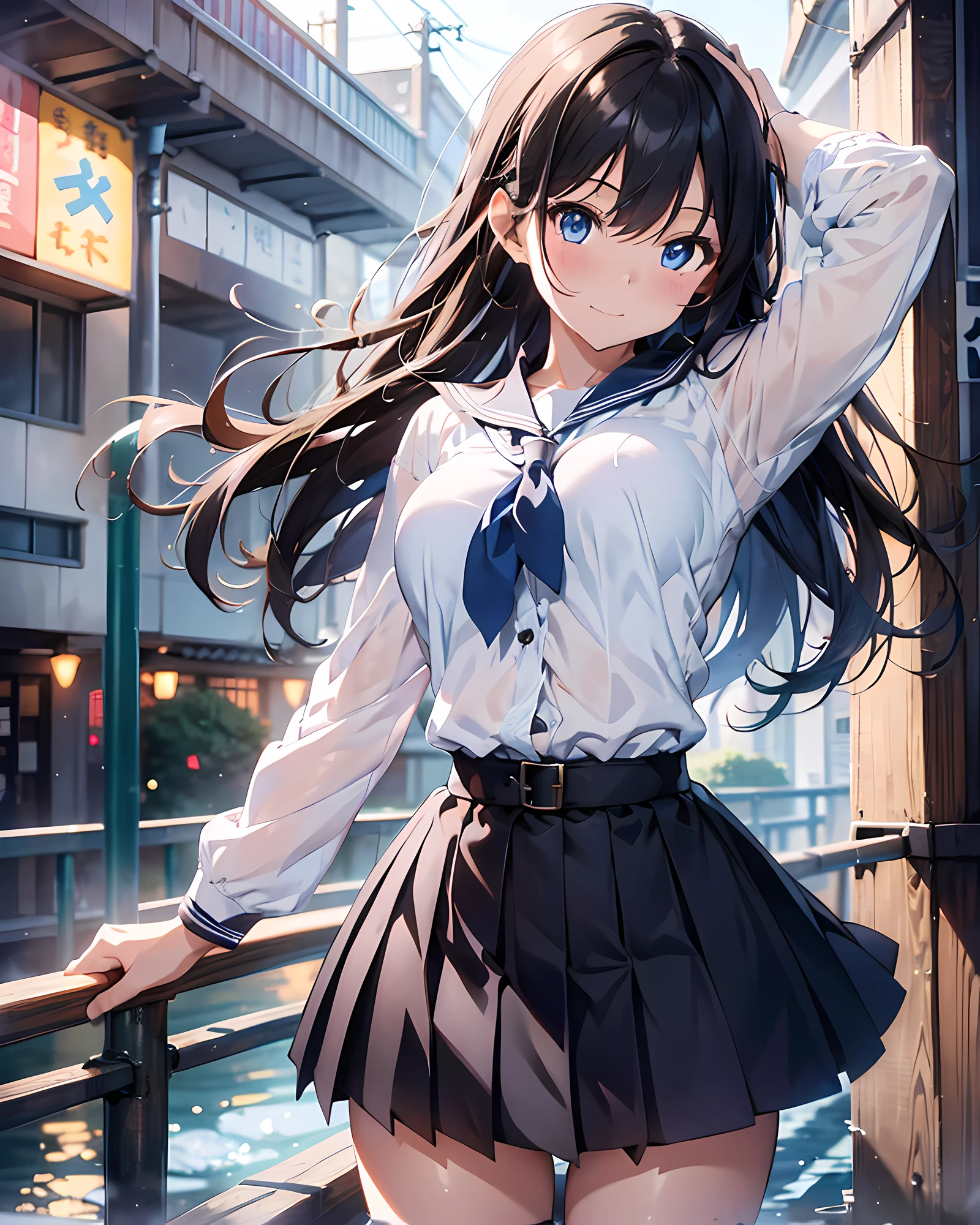 anime style illustration, highres, ultra detailed, (1girl:1.3), (dynamic pose):1.0 BREAK, cowboy shot, (pale skin:1.3), ((detailed blue eyes)), (bokeh effect), (dynamic angle), 1 extremely beautiful and glamorous anime waifu at kamo river, (wearing a school girl outfit, pink sailor shirts and dark-grey pleats skirt, black stockings), BREAK, she has brown wavy two-side-up hair style, medium-breasted, light smile, happy, wind, 8 life size, detailed clothes, detailed body, detailed arms, human hands, detailed hands, perfect nose, blush, light smile, pink lip gloss, looking the viewer, facing the viewer, sexy model posing, extremely leaning forward against the viewer, studio soft light, cinematic light, detailed background, realistic, ultra-realistic, masterpiece, 32k ultra-sharp image, Japanese anime waifu, concept art by Kyoto animation, Makoto Shinkai,