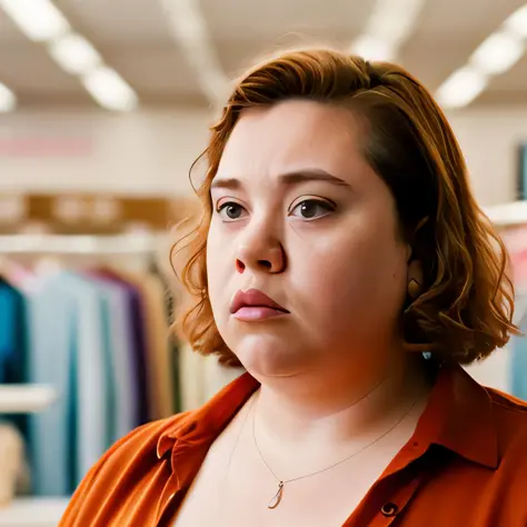 (35mmstyle:1) artstyle, headshot portrait photo cinematic film still of a ugly Fat girl looking tired working at a Department Cl...