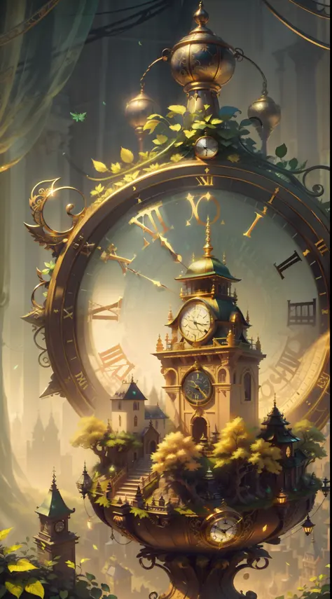 Photo of a large hand holding an antique gold watch, A mini city under the clock, magia-fantasia-florta, Arte Digital, most amaz...