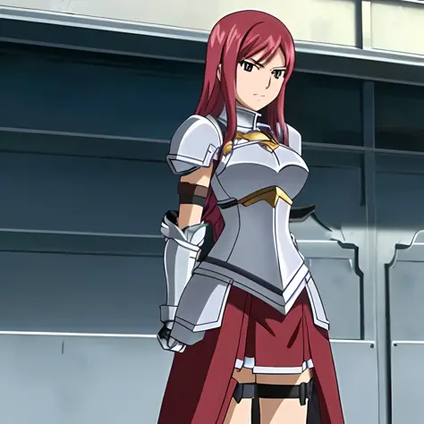 1girl, erza scarlet, fairy tail, armor, anime, restrained, handcuffed, (arms behind back:1.4), shoulder armor, gauntlets, breastplate,
