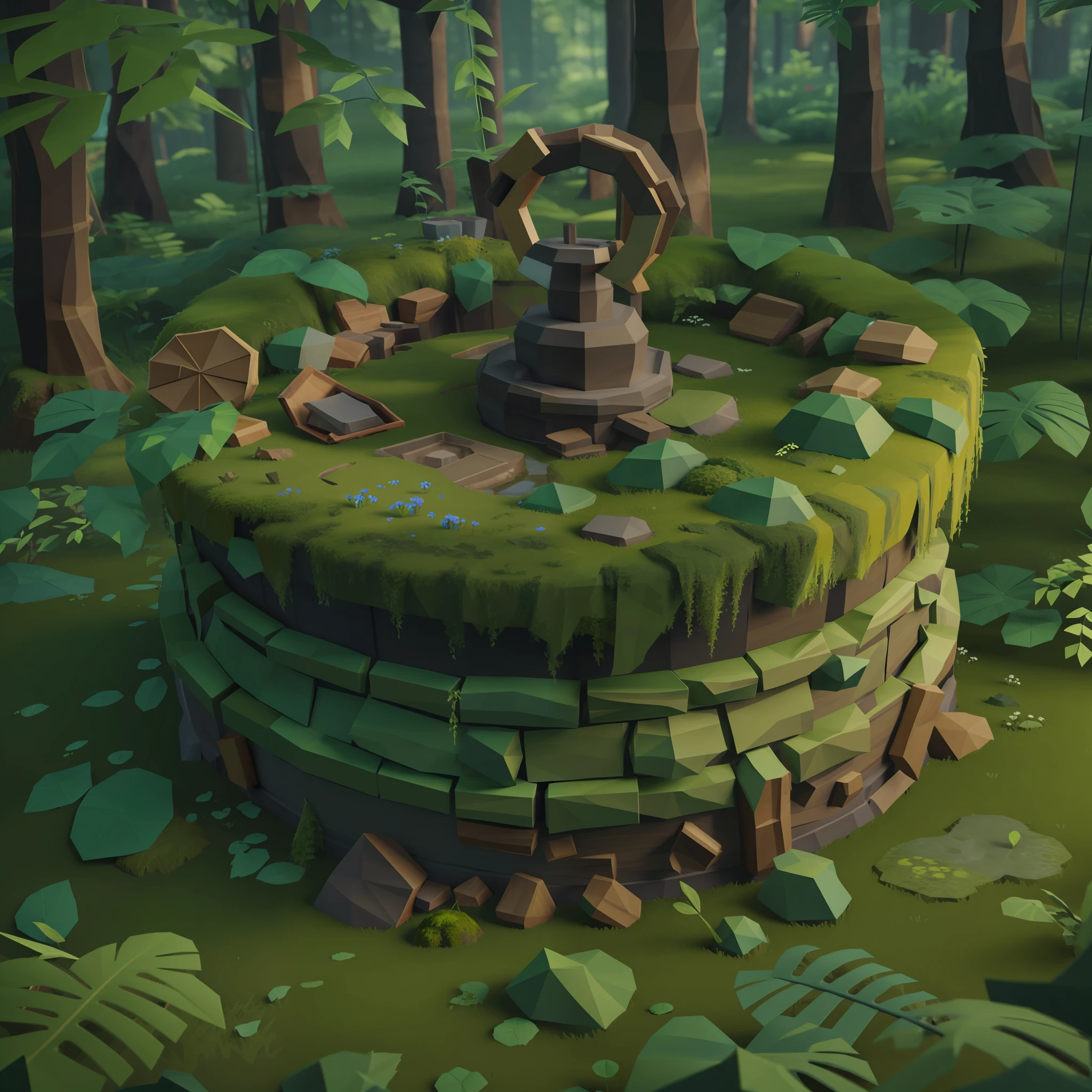 Alter handgefertigter Brunnen mit Moos bedeckt mitten in einem Wald, 3D-Lowpoly-Stil, Niedrige Poly, PS1-Spielstil, UHD, hohe Details, beste Qualität, highres, 8k