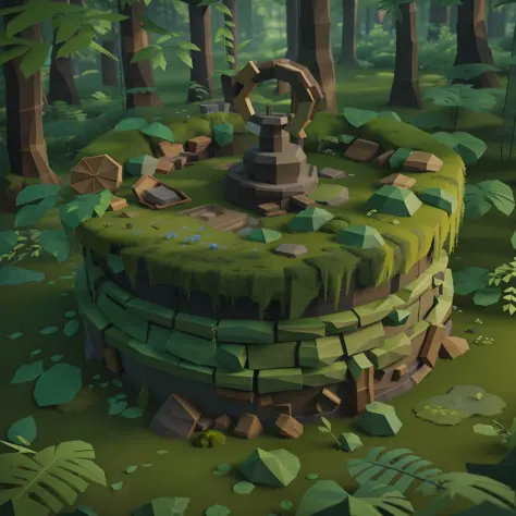 Old handmade well covered with moss in the middle of a forest, 3d lowpoly style, low poly, ps1 game style, UHD, high details, be...