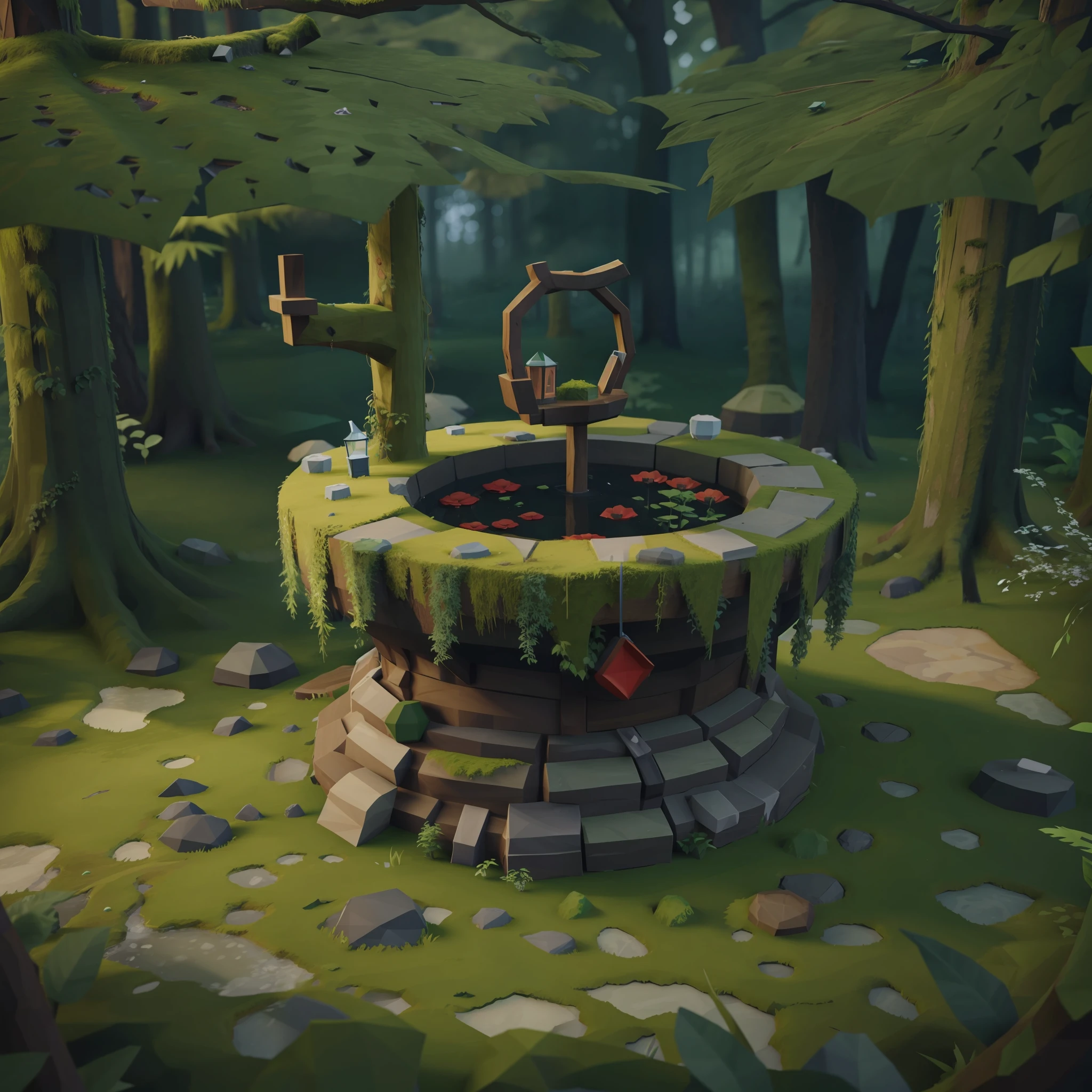 Ancien puits artisanal recouvert de mousse au milieu d&#39;une forêt, Style 3D low-poly, faible poly, style de jeu ps1, UHD, détails élevés, Meilleure qualité, haute résolution, 8k