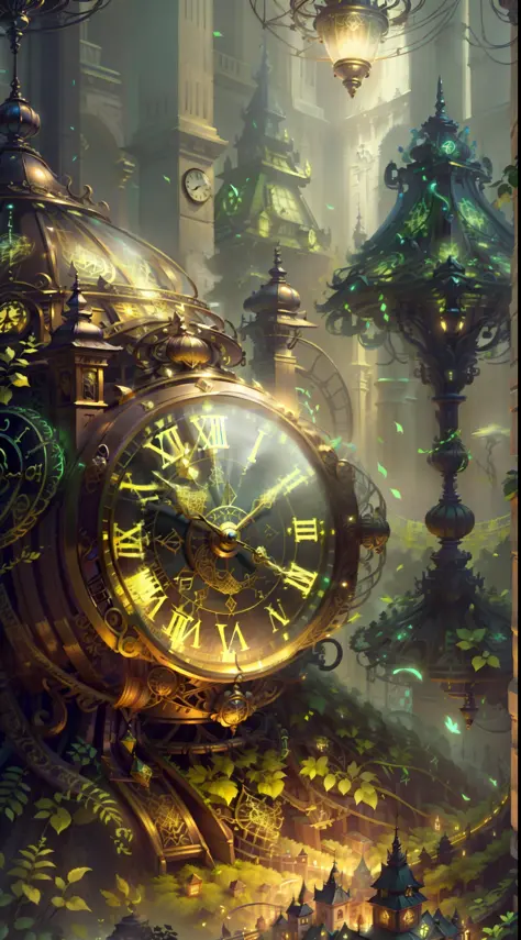 Photo of a large hand holding an antique gold watch, A mini city under the clock, magia-fantasia-florta, Arte Digital, most amaz...