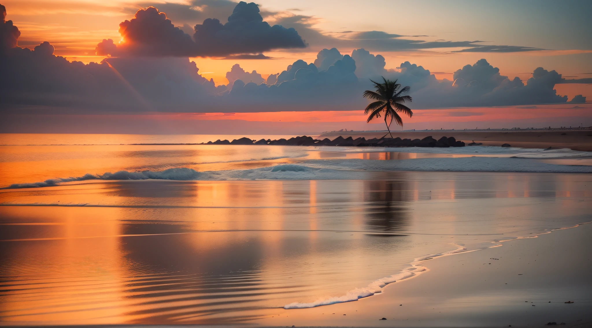 Arafed palm tree on a beach at sunset with a body of water - SeaArt AI