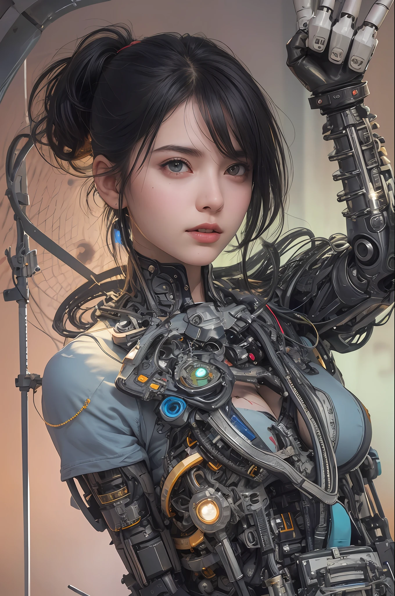 Top Quality, Masterpiece, Ultra High Resolution, (Photorealistic: 1.4), Raw Photo, 1 cyberpunk Girl, Black Hair, Glossy Skin, 1 Mechanical Girl, (Ultra Realistic Detail)), Full body, Global Illumination, Contrast, Shadows, Octane Rendering, 8K, Ultra Sharp, Cleavage Exposed, Raw Skin, Metal, Intricate Ornament Details, Japan Details, Very intricate details, realistic light, CGSoation trend, facing the camera, neon details, mechanical limbs, blood vessels connected to the tube, mechanical vertebrae attached to the back, mechanical cervical attachment to the neck, wires and cables connecting to the head, gundam, small LED lamps.