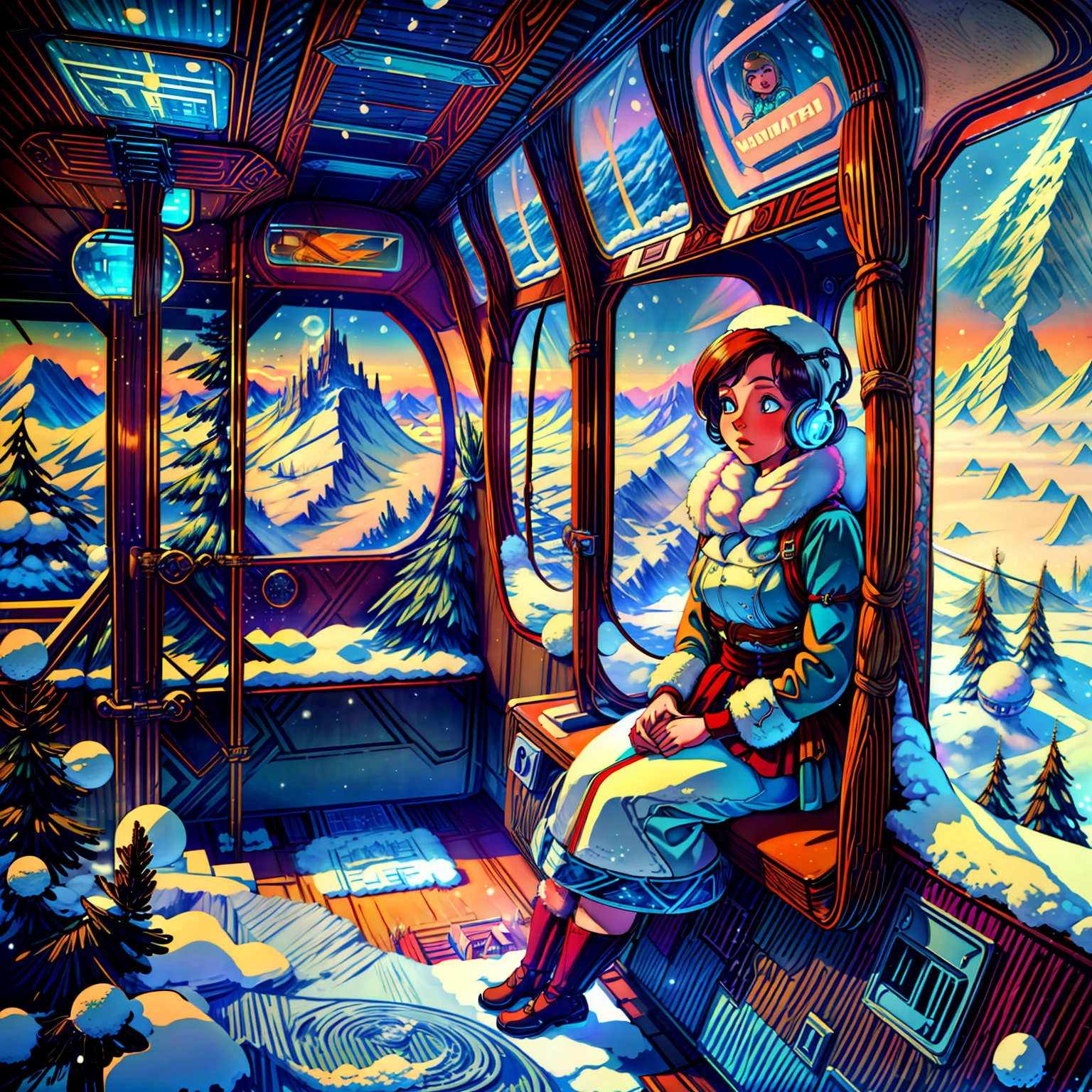 (a girl in a cable car, looking out of the window), (snow, winter, mountains), (Masterpiece, Best Quality, Highly Detailed), HDR, high dynamic range, sharpness, octane render, realistic, high contrast, light rays, vibrant, colorful, (1970retrofuturism)