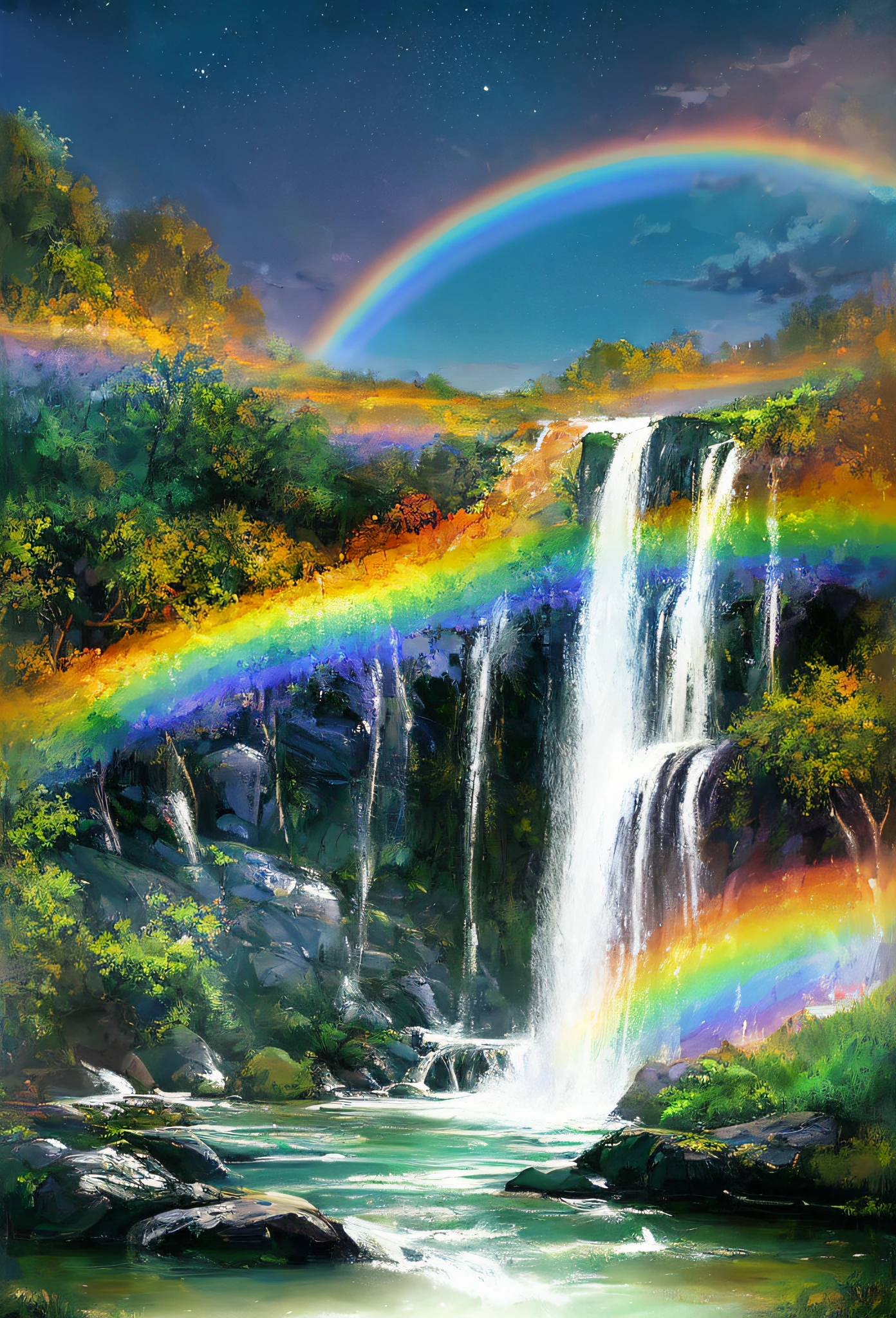 ((best quality)), ((masterpiece)), ((ultra realistic)), ((night)), award winning soft oil painting trending on artstation of a cascading rainbow waterfall,
