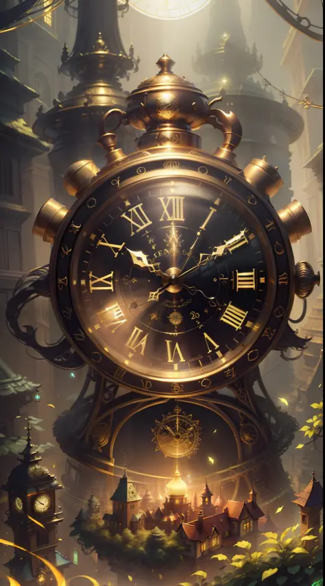 Photo of a large hand holding an antique gold watch, A mini city under the clock, magia-fantasia-florta, Arte Digital, most amaz...