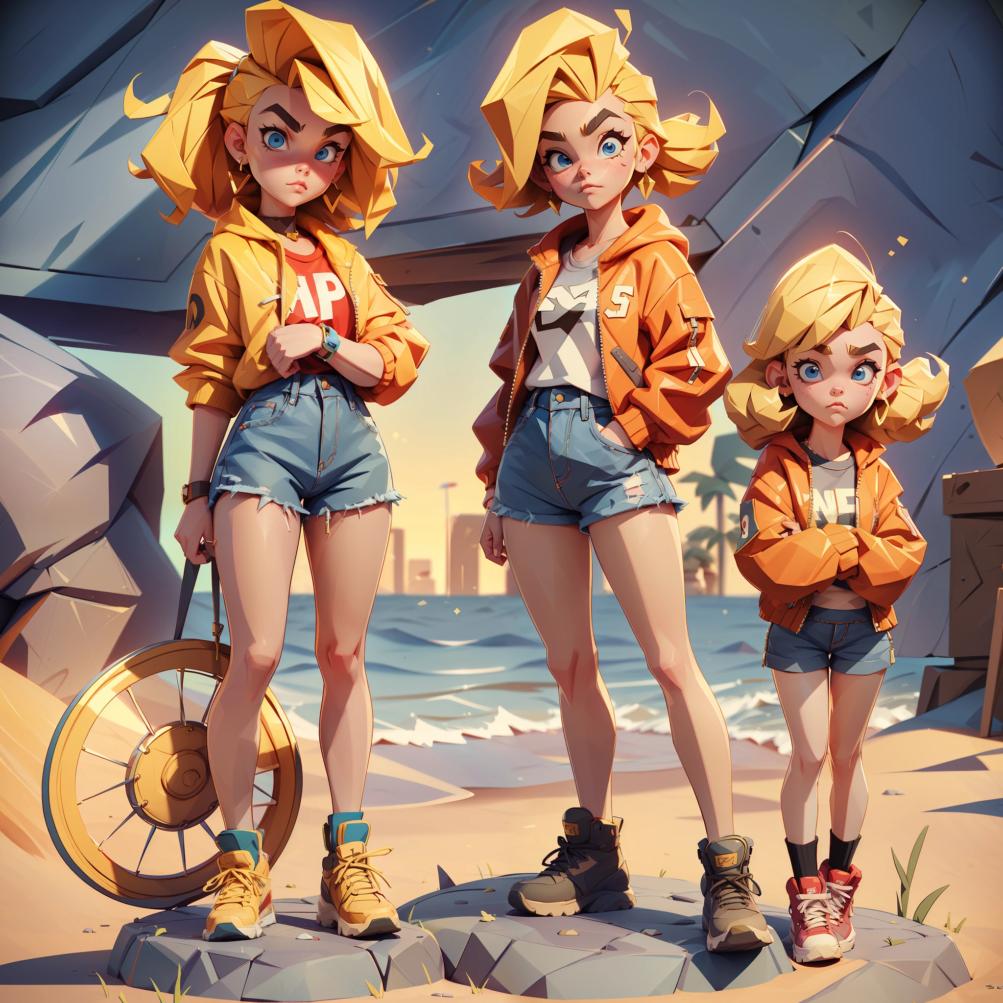 "16 years old" girl ("Kiernan Shipka") wearing red sweatshirt and jean shorts, short pixie-style blonde hair, thick eyebrows, flushed cheeks, full body, 3d lowpoly style, low poly, ps1 game style, sharpen focus, UHD, high details, best quality, highres, 8k