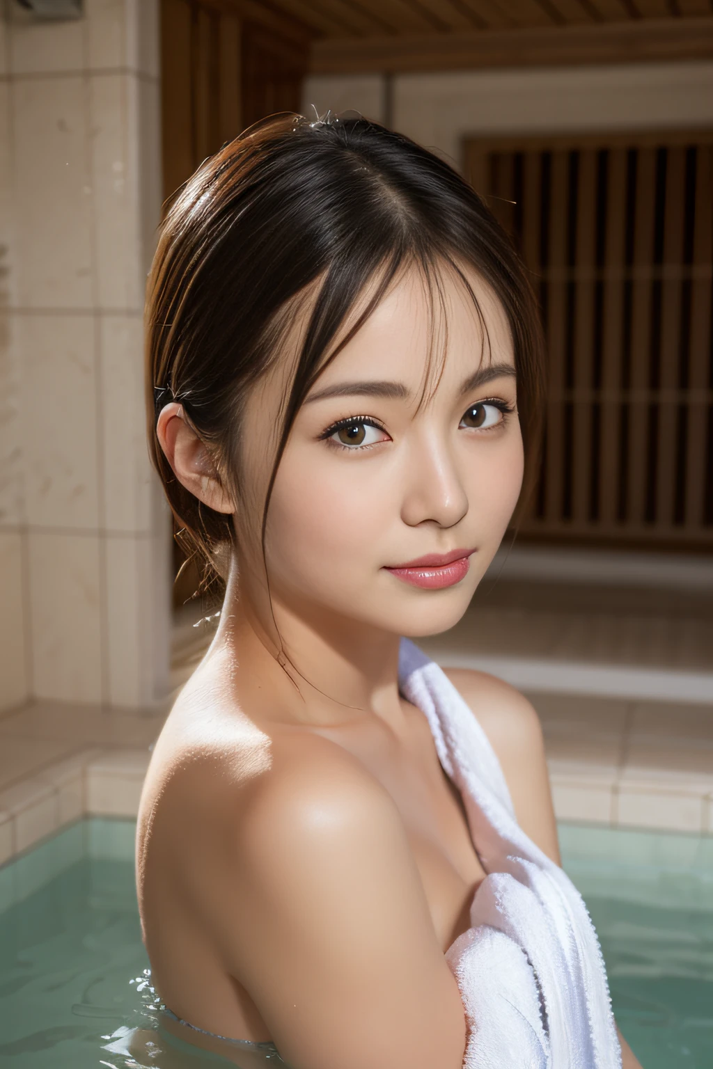 (8K、Raw photography、top-quality、​masterpiece:1.2)、(realisitic、Photorealsitic:1.37)、ultra-detailliert、超A high resolution、1 fair-skinned girl、see the beholder、beautifull detailed face、Beautiful detailed skin、Skin Texture、floated hair、profetional lighting、outdoor bath、boulders、Cover the area with a towel、Upbeat cheeks、perspiring、wetted skin