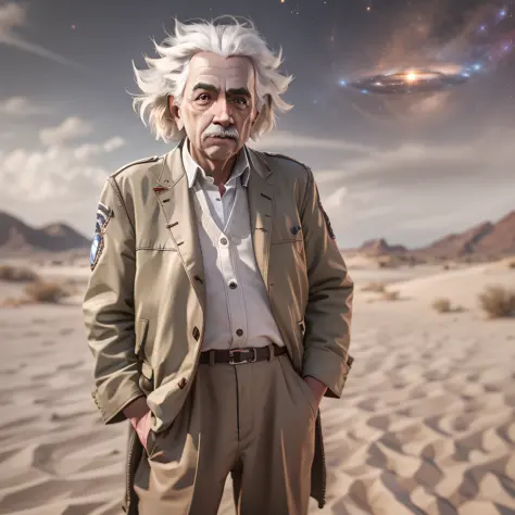 Full body portrait of Albert Einstein, Hyper realistic, like a God, desert clothes, hyper detailed, shot on Hasselblad H4D 200MS Digital Camera, Mitakon Speedmaster 65mm f/ 1. 4 XCD, Galaxy, Dimensional effect, Fresnel lighting