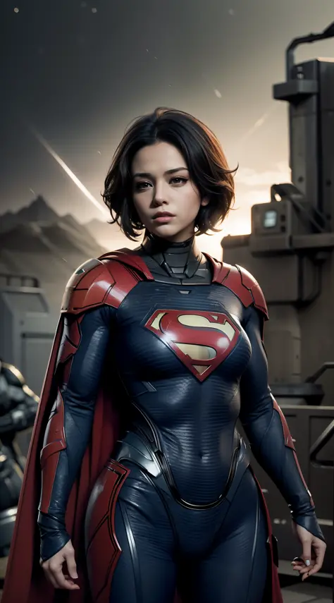 Supergirl, short hair,  big breast, nousr robot masterpiece, best quality, 8k, fantasy painting of beautiful cyborg girl, warfra...
