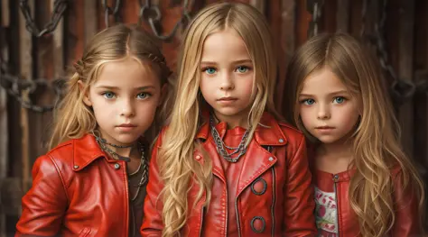 3 girls 10 years old Russian child with long hair BLONDE WITH RED LEATHER JACKET, PORTRAIT , CORRENTES, MUITAS CORRENTES, CORREN...