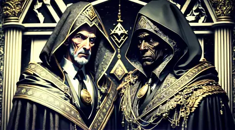 Hooded old men dressed in black inside a Masonic lodge --auto