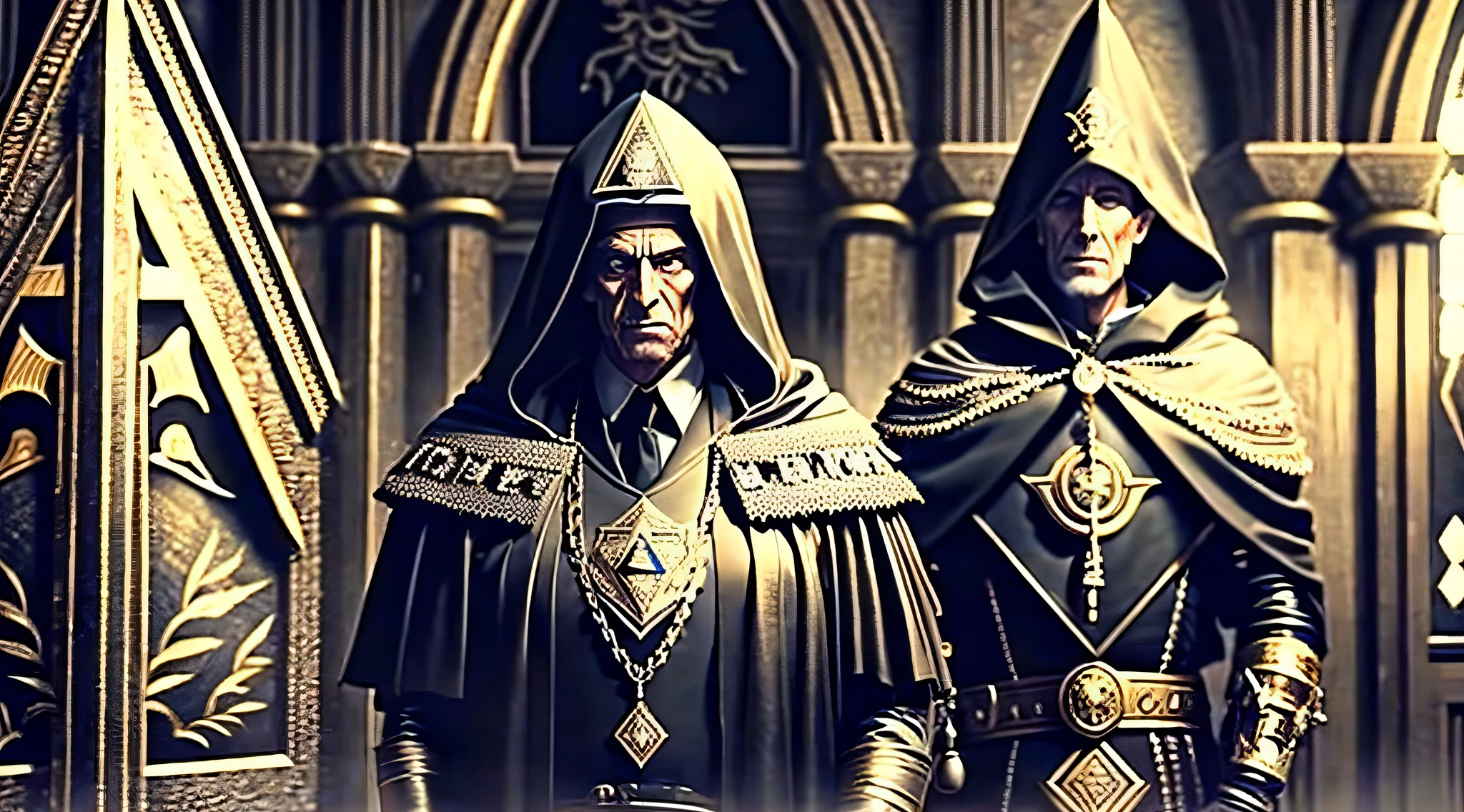 Hooded old men dressed in black inside a Masonic lodge --auto