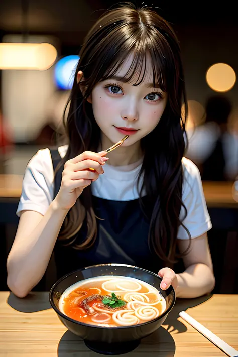 ​masterpiece, top-quality, detaile, Dramatic, Ray traching, realisitic, full bodyesbian, (Sketched:1.2), anime keyvisual, Bokeh Hazy Godley、Cute girl eating ramen