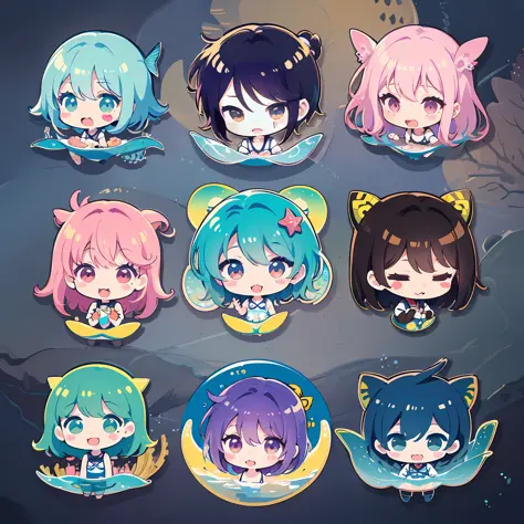 ((a sticker:1.5)))、((Chibi Chara))、((Snorkeling in the sea)))、1girl in、Under the sea、appearance々Fish、sano、夏天、Strongest、Chibi Chara、fullllbody、Pastel colors hair、masutepiece、top-quality、high-level image quality