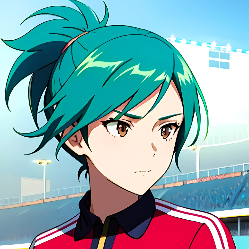 1girl, 2solo focus, Beautiful anime portrait of an athletic woman with long blue-green hair playing soccer, brown eyes, competitive, focused expression, soccer ball, soccer uniform, outside, soccer stadium, early 20s, athletic face, detailed skin, sunny, masterpiece, ultra detailed, official art, 8k, dynamic lighting, cell shading, vivid