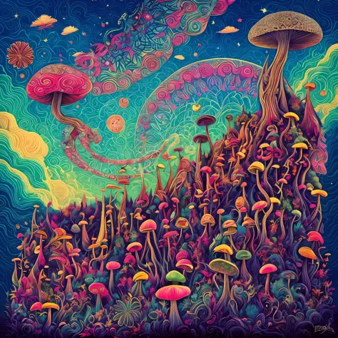 a hill with a bunch of mushrooms with leaves and flowers of cannabis, a sky composed of mandalas, arte trippy, psychedelic mushr...