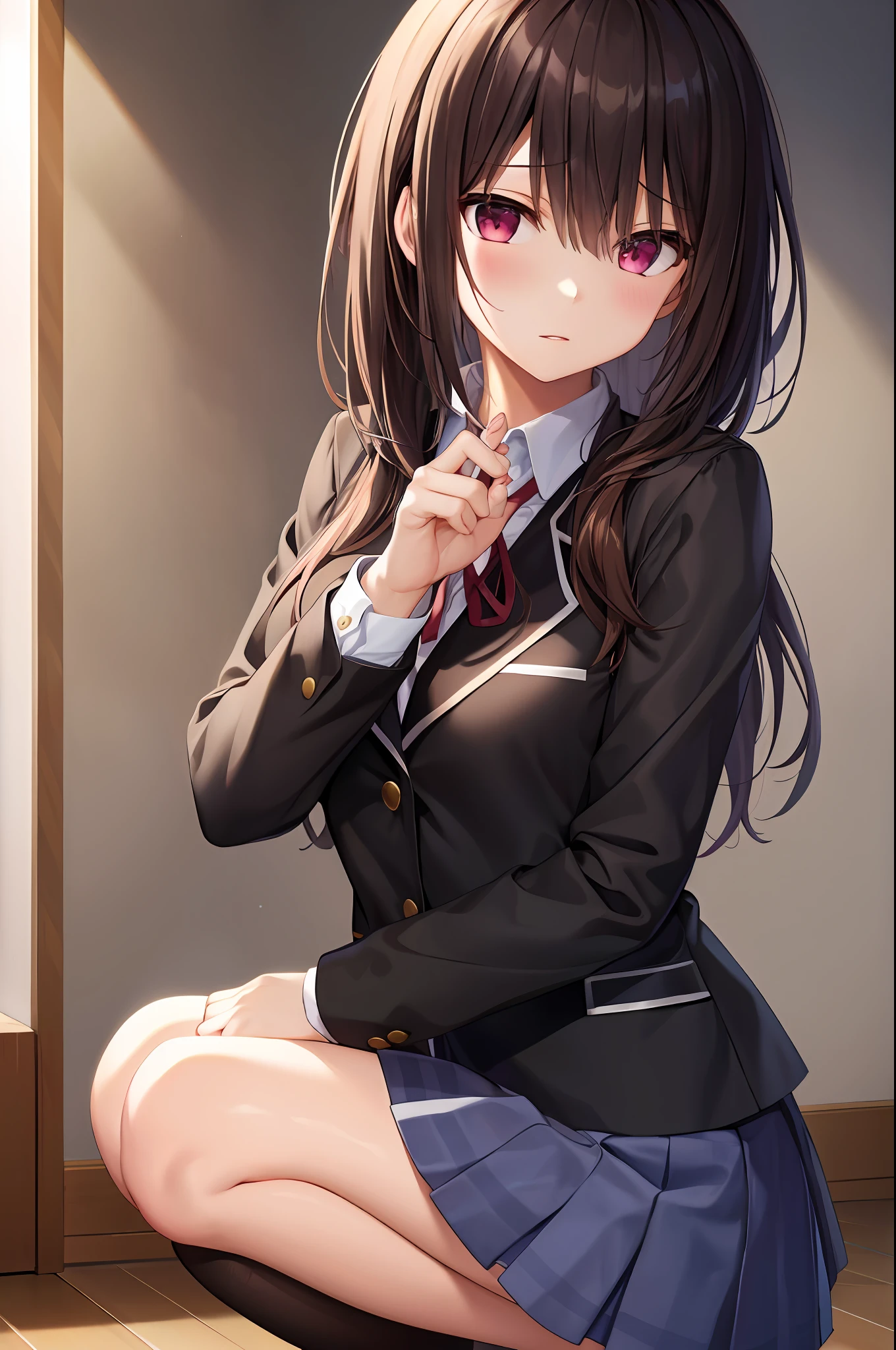 Tokisaki Kurumi, 1 Mädchen, Allein, , lange Ärmel, Rock grau, erröten, (absurdesten), (highres), Betrachter betrachten, innen, Haus, hocken, (extrem detailliertes CG Unity 8k-Hintergrundbild,Meisterwerk, beste Qualität, ultra-detailliert)