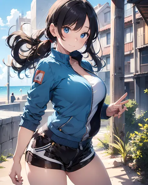 Illustration of a sexy model woman wearing a light-blue tight full-zip sweat tops and a shorts at Italian sandy beach, anime style illustration, highres, ultra detailed, (1girl:1.3), (dynamic pose):1.0 BREAK, full body image, (pale skin:1.3), ((detailed bl...