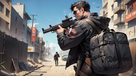 A guy wearing black jacket and sunglasses, aiming with a gun to the right, mad max style, shoot from behind of the guy