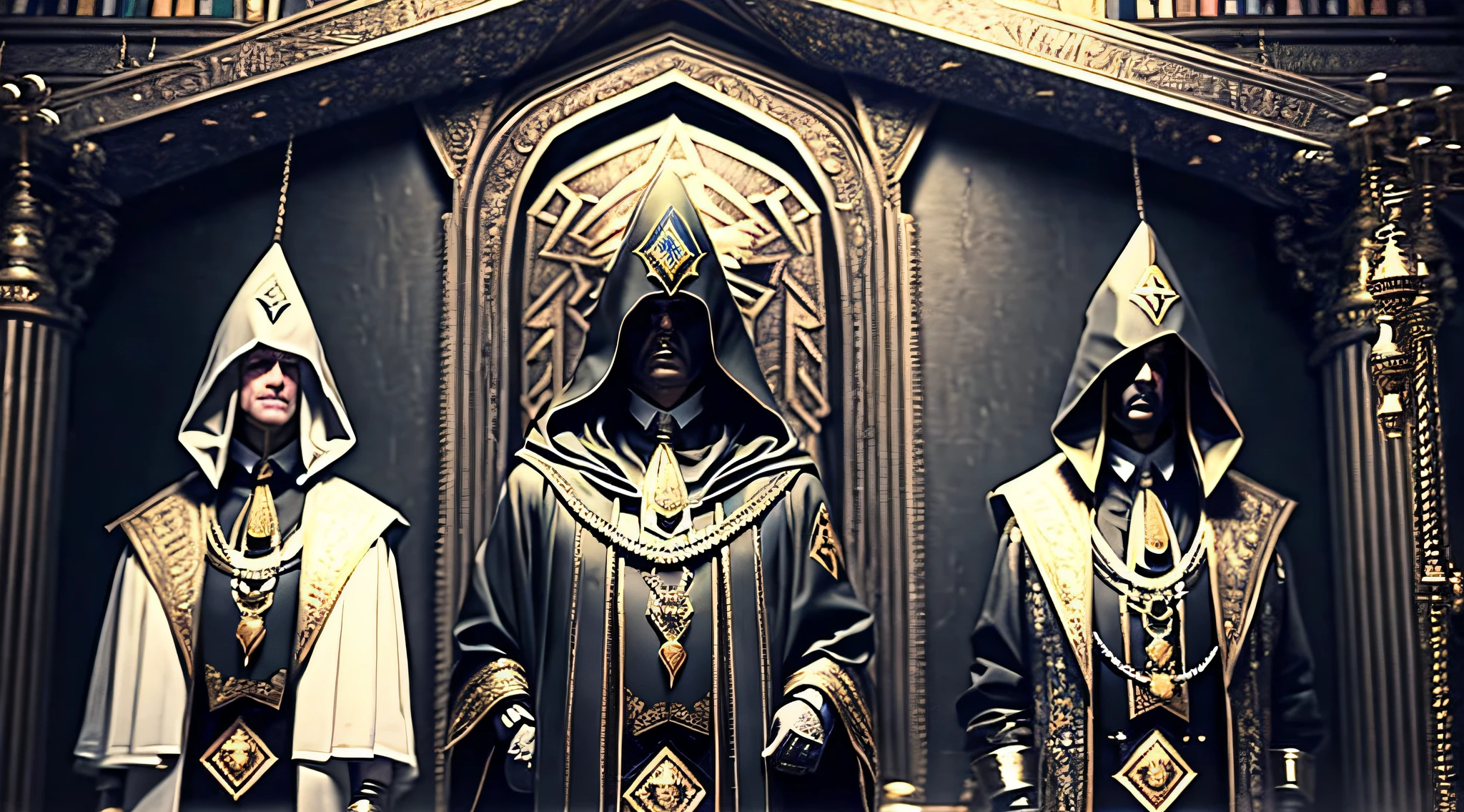 Hooded old men dressed in black inside a Masonic lodge --auto