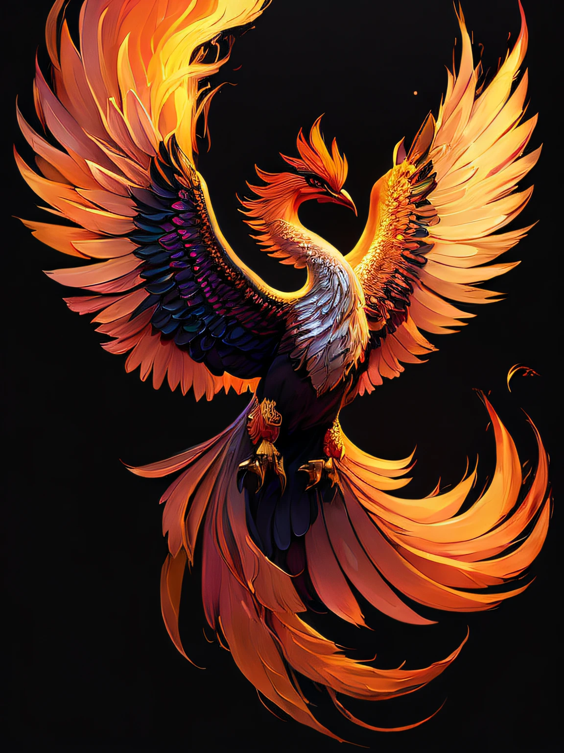 intricate and colorful, (digital painting:1.2) of phoenix firebird, (black background), by Artgerm, concept art, octane render, trending on artstation,  iolibt, vfx, Blender and Photoshop, octane render, excellent composition, cinematic atmosphere, dynamic dramatic cinematic lighting, aesthetic, very inspirational, arthouse