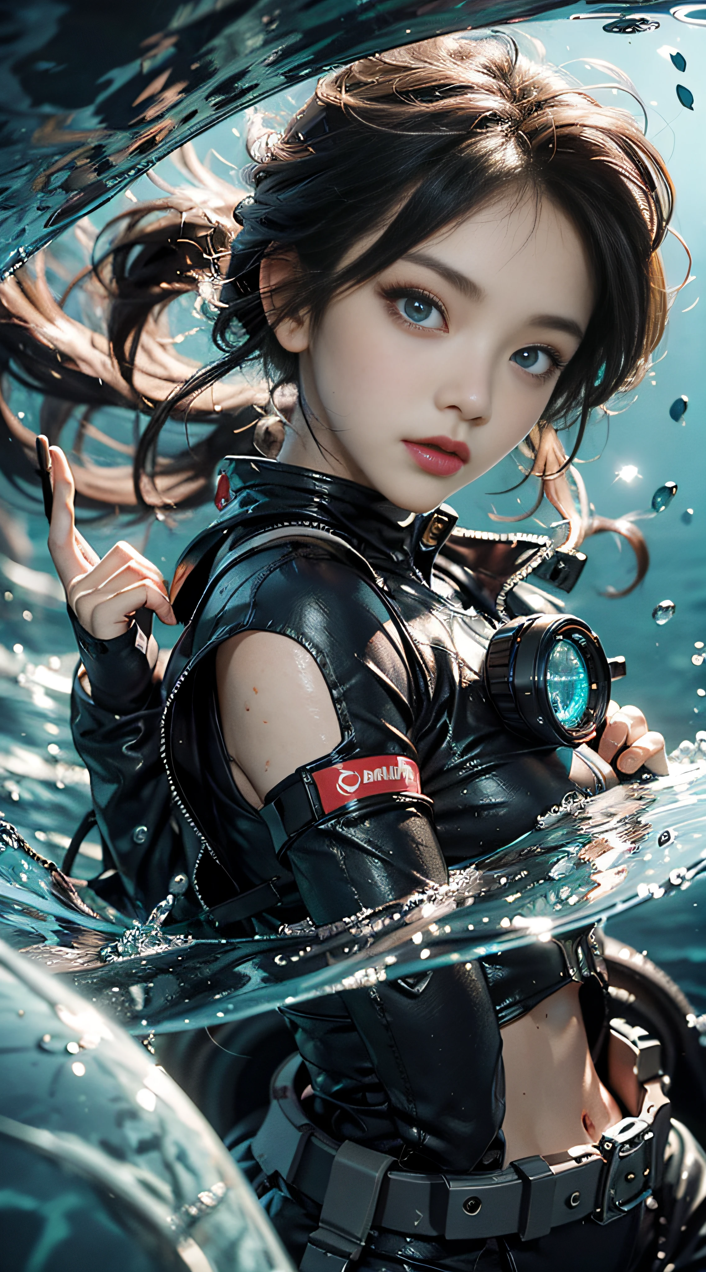 ​masterpiece, top-quality, ultra-detailliert, illustratio, 1girl in, 独奏, blue eyess, Amber hair, abyssal,Illuminate the seabed with lights Submersible boarding, short-hair, Diving suit,