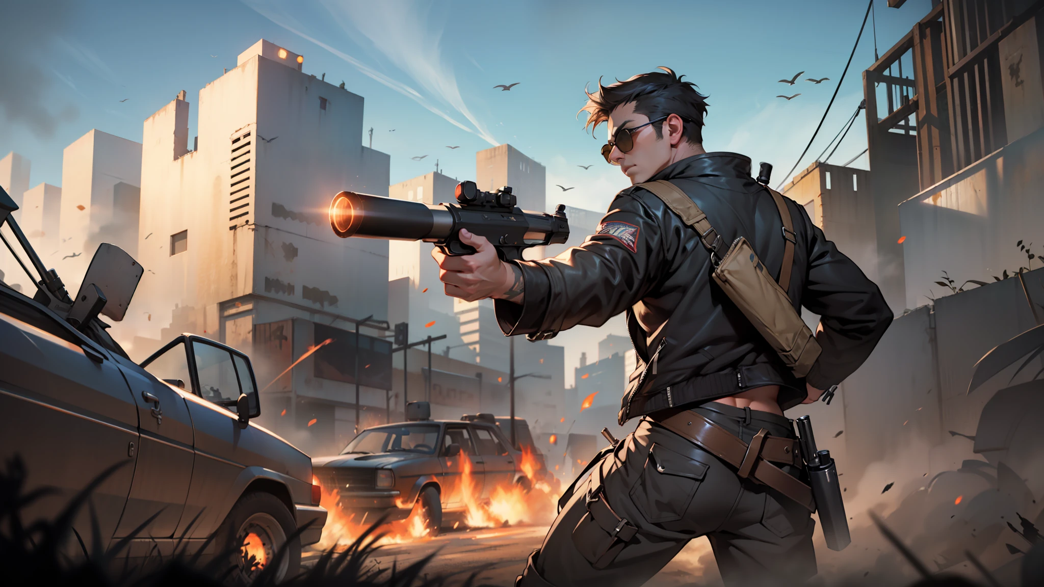 A guy wearing black jacket and sunglasses, aiming with a gun to the right, mad max style, shoot from behind of the guy