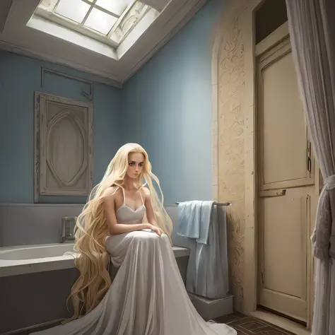 The Bathroom Blonde is a figure of transcendental and disturbing beauty, com cabelos loiros sedosos e olhos de um azul profundo....