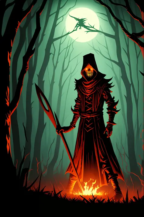 fiddlesticks from league of legends , horror, scary, red colors, dark forest background, darkest dungeon style