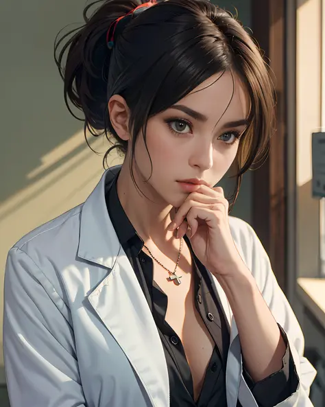 masterpiece, best quality, 8k,  naomihunter, 1girl, black_hair, ponytail, lab_coat, collared_shirt, black_shirt, unbuttoned, id_card, necklace, open_clothes, hand_on_chin, thinking,  looking_at_viewer, indoors, (closeup)