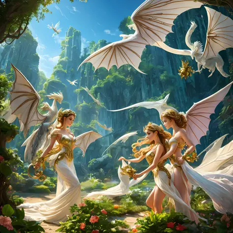 full dynamic poses)). renaissance, vivid colors, soft light, ethereal setting, opulent, intricate details. gorgeous young angels...