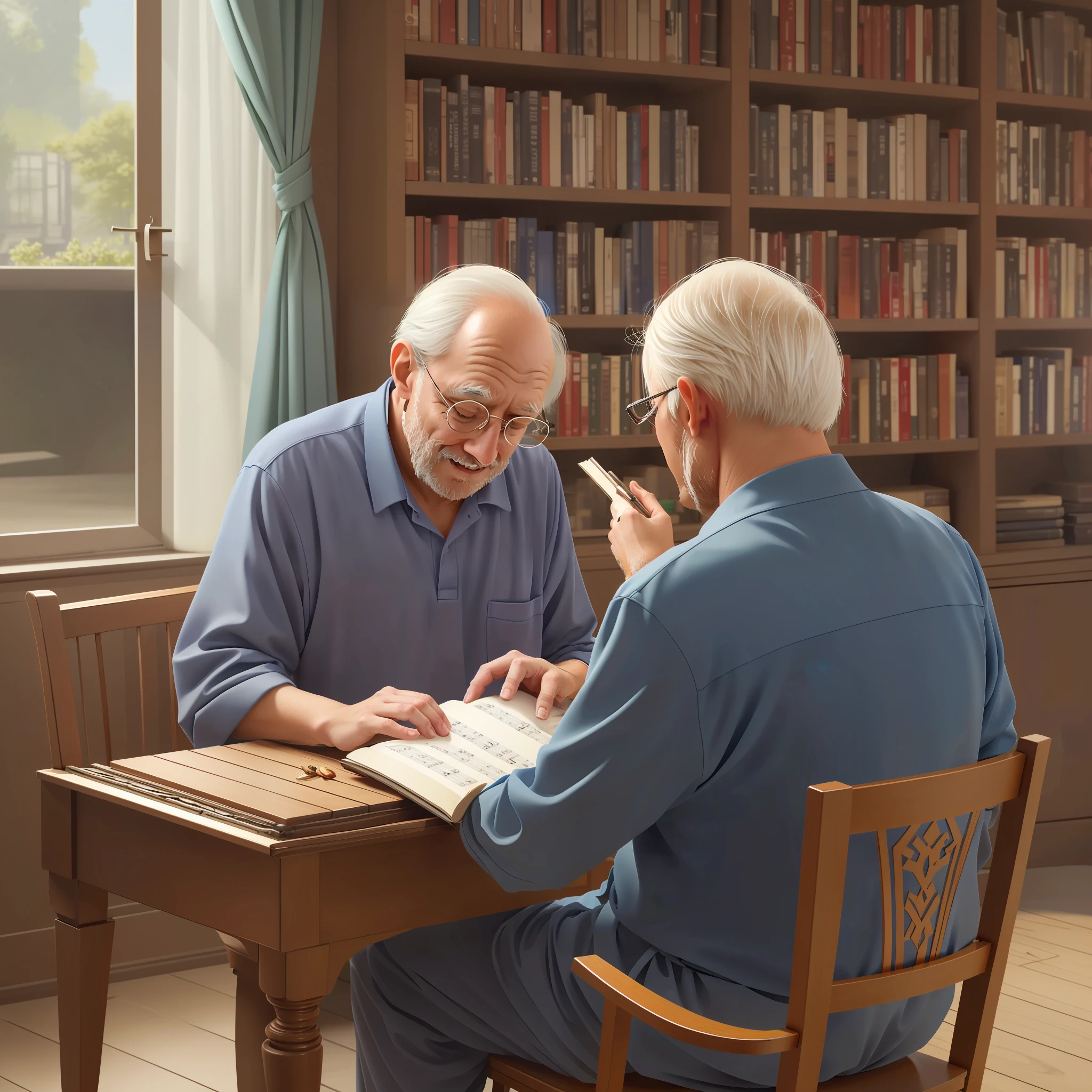 dois homens idosos sentados em uma mesa com um livro e um piano, Ilustração 3D de alta qualidade, arte renderizada com detalhes impressionantes, cores vibrantes e realismo incrível.