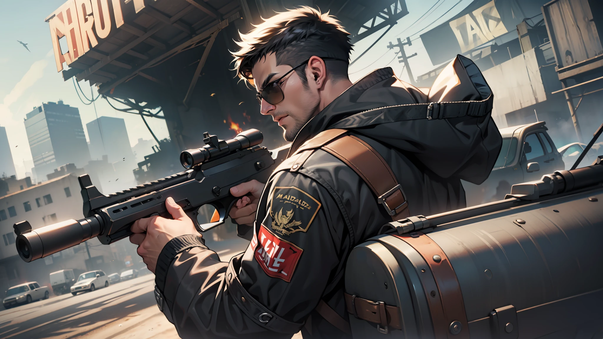 A guy wearing black jacket and sunglasses, aiming with a gun to the right, mad max style, shoot from behind of the guy