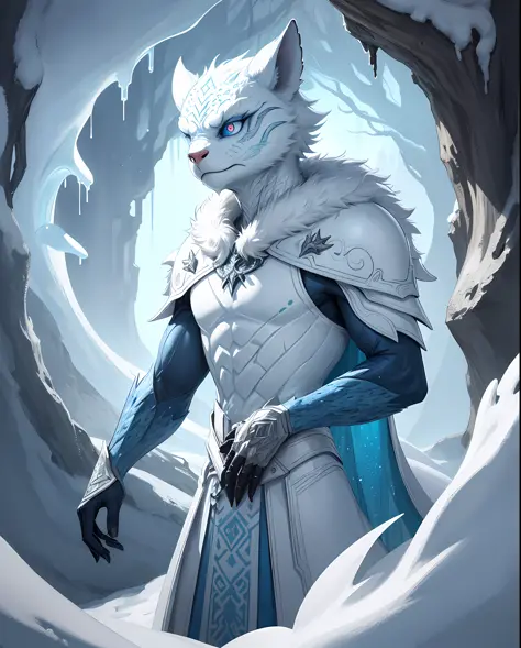 (in dripping art style) snow-on-scales, a fur-less, cold-blooded reptile with icy blue eyes that comes from the frozen, far-nort...