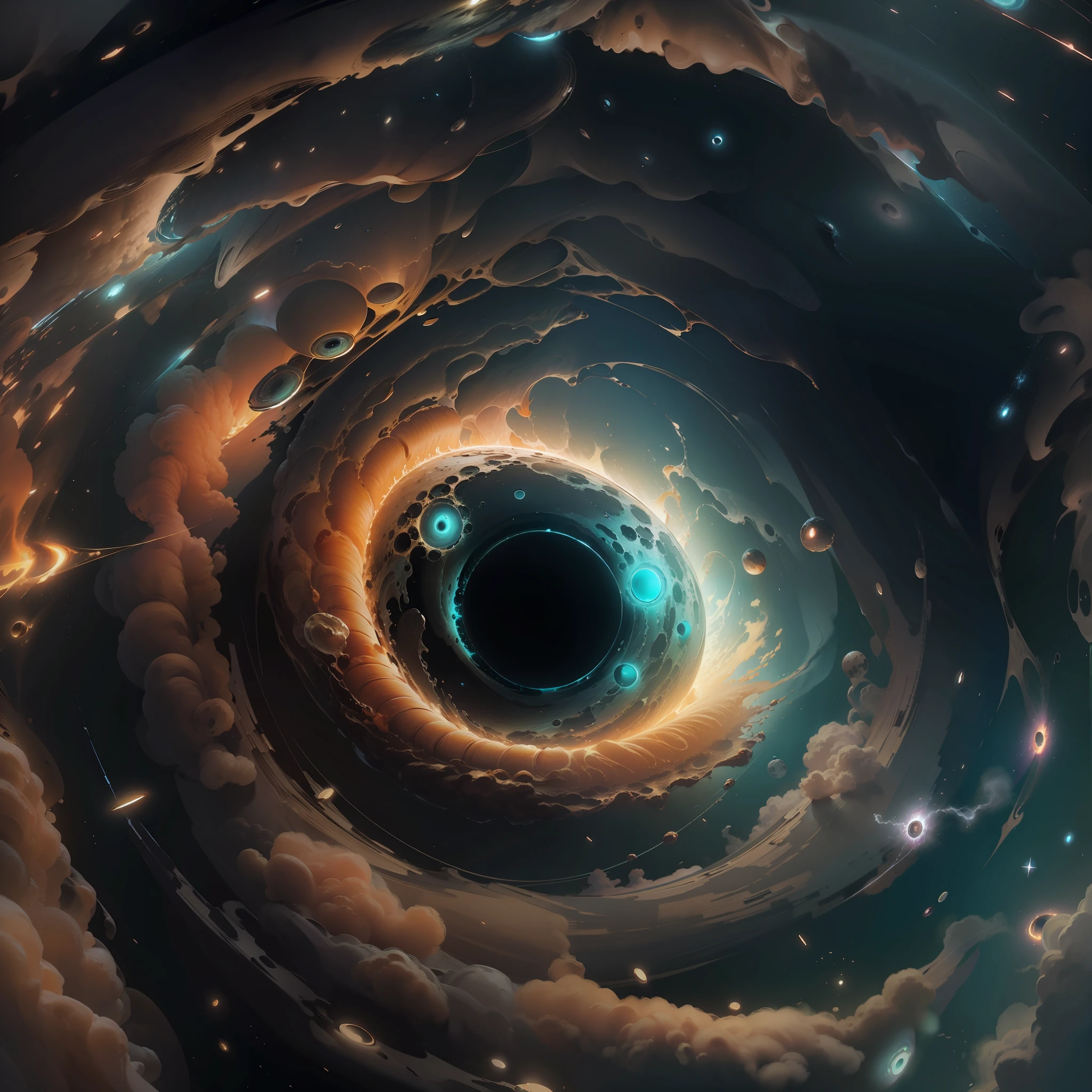 um close de uma espiral no meio de uma galáxia, o olho do universo, abstract buraco negro no espaço, vórtice giratório de energia, portal do tempo do buraco negro, portal luminoso do buraco negro, O Olho de Deus, buraco negro no espaço, portal interestelar infinito, Retrato de um olho gigante místico, retrato de uma entidade cósmica, vórtice interestelar através do tempo , planetas deslumbrantes em segundo plano, alberto seveso art, tinta, fundo do espaço cósmico, textura detalhada, estilo de pintura solta, detalhes intrincados, iluminação cinematográfica, renderização de octanagem, Renderização 8k, Iluminação volumétrica, cosmos, espaço sideral profundo,