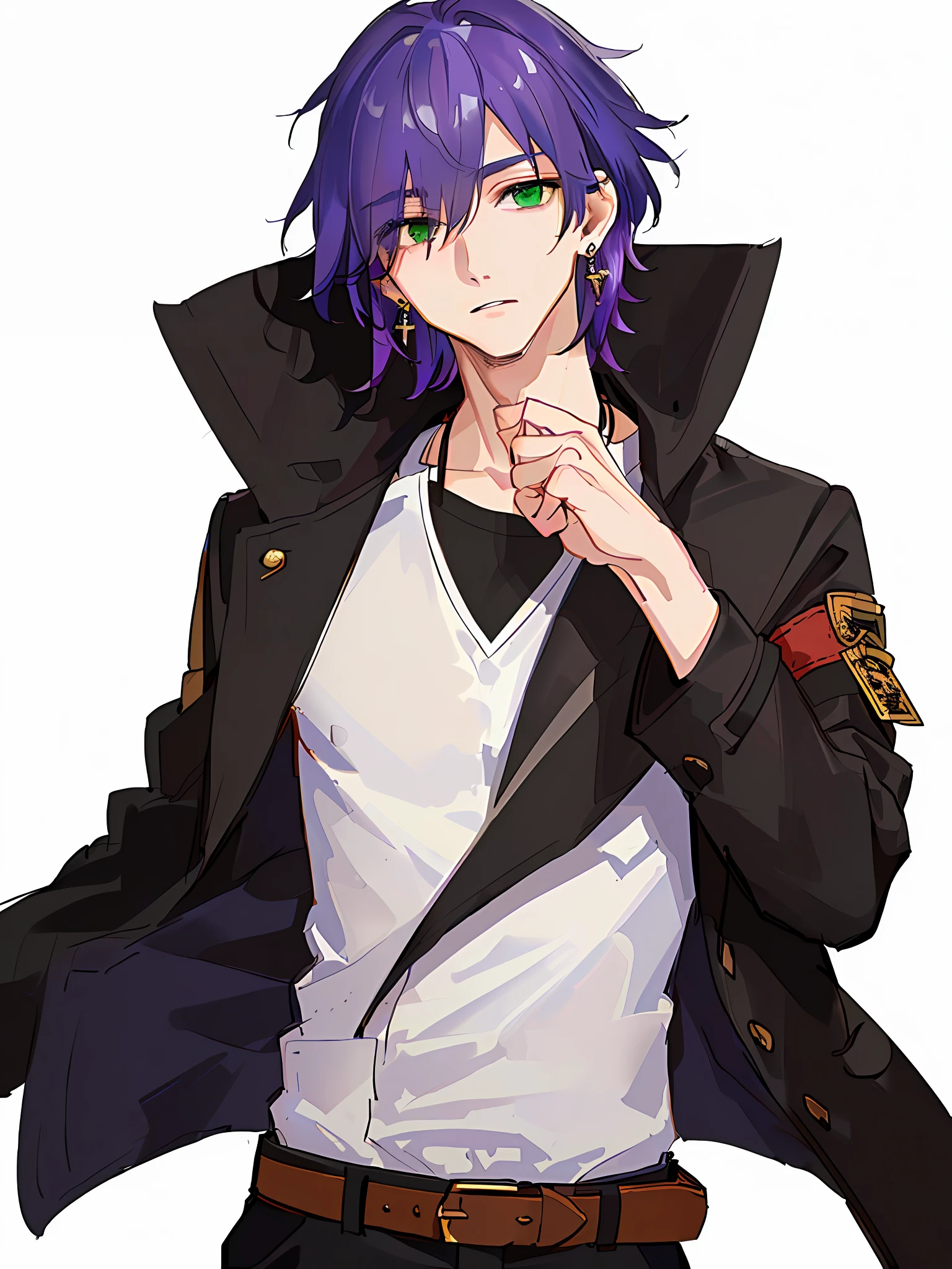 best quality, masterpiece, highres, 1boy,male,solo,upper body, sampo,purple hair,green eyes,hair over one eye,jacket,shirt,earrings,belt