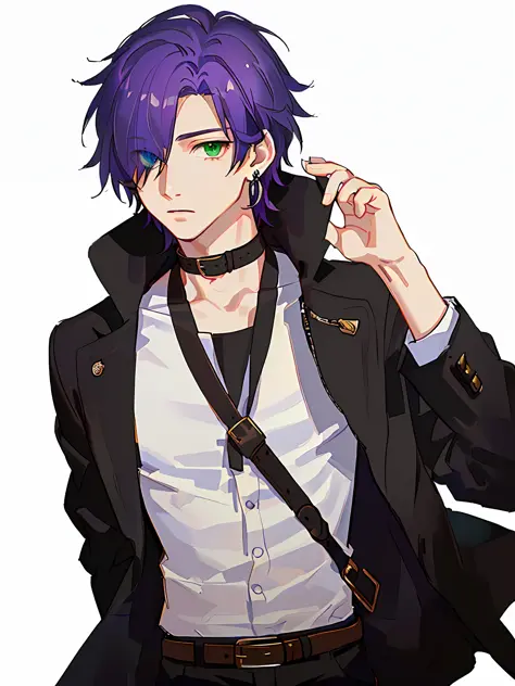 best quality, masterpiece, highres, 1boy,male,solo,upper body, sampo,purple hair,green eyes,hair over one eye,jacket,shirt,earri...