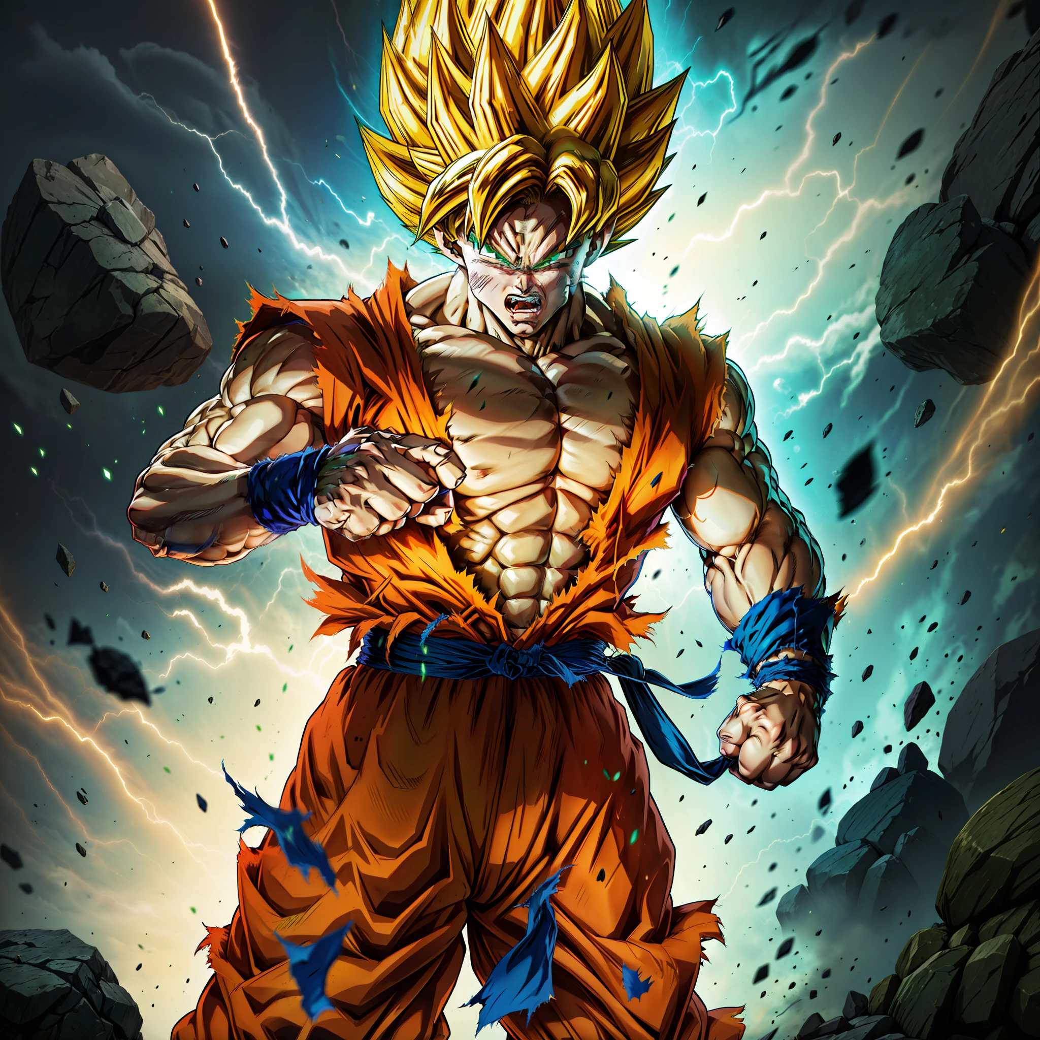 son goku, 1boy, angry, battle damage, blonde hair, blue sash, clenched teeth, furious, green eyes, male focus, muscular, muscular male, pectorals, sash, solo, spiked hair, super saiyan, super saiyan 1, teeth, topless male, torn clothes, wristband, ((masterpiece))