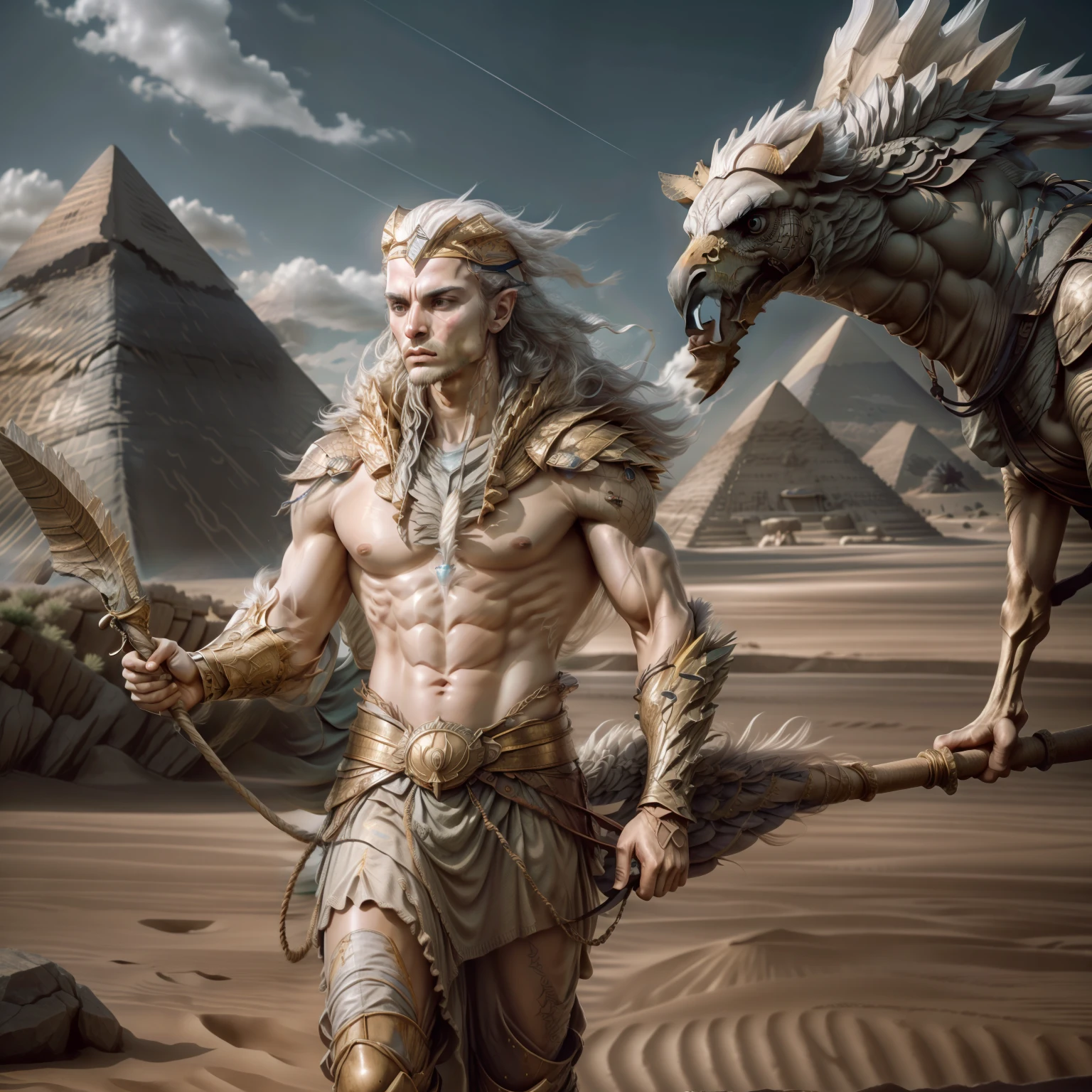 阿蒙, 鷹頭, 強壯的身體, 手上有5個手指, 拿著一根棍子, 18k, 超現實, 埃及情景, 後面有金字塔, 沙漠, 駱駝, 和風, - 汽车